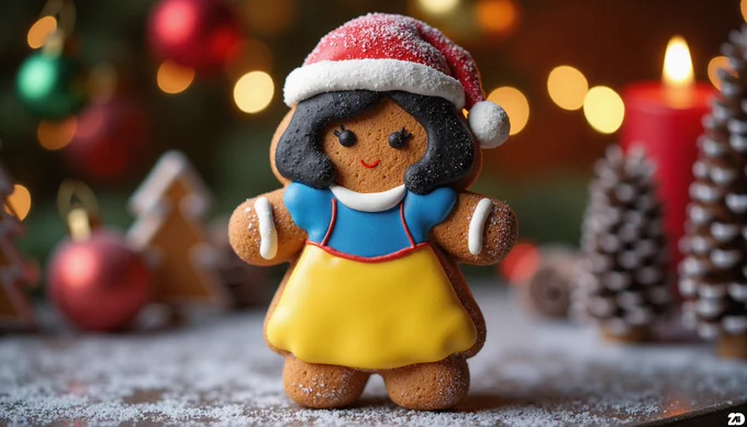 Prompt: a festive and delectable gingerbread cookie shaped as Snow White dressed in christmas hat, detailed textures resembling real gingerbread and colorful icing, hyperrealistic, christmas decoration in the background