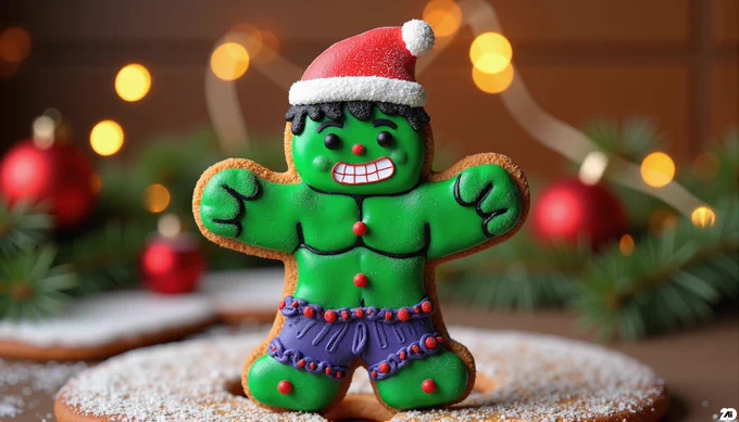 Prompt: a festive and delectable gingerbread cookie shaped as Hulk dressed in christmas hat, detailed textures resembling real gingerbread and colorful icing, hyperrealistic, christmas decoration in the background