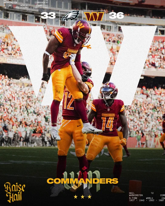 Final score graphic: Eagles 33, Commanders 36.