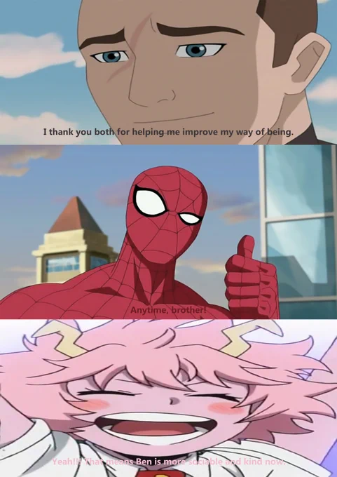 While Mina visits Peter's universe, they run into Ben Reilly (Scarlet Spider), who thanks to Peter, Mina and all their friends has managed to realize the importance of appreciating what you have and improving the way you are. For this, Ben wants to thank you.

Mina: Brother-in-law, now that you're nicer, I think it's time for you to have a girlfriend.

Ben: Maybe one day I'll be that lucky.

Mina: Could I introduce you to Yaomomo?

Peter: You shouldn't put pressure on your friends like that, Mina.

Mina: Hehe... sorry.

Peter: Let Ben decide which girl will be ideal for him.

Ben: Heh... By the way, why is Mina still wearing her school uniform?

Mina: I was eager to come here.

Peter: Actually, Ben, she got impatient because Mina wanted me to swing with her.