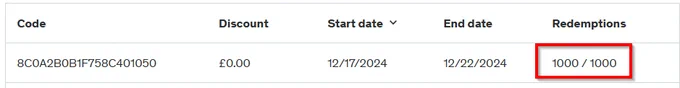 Coupon code showing 1,000 redemptions