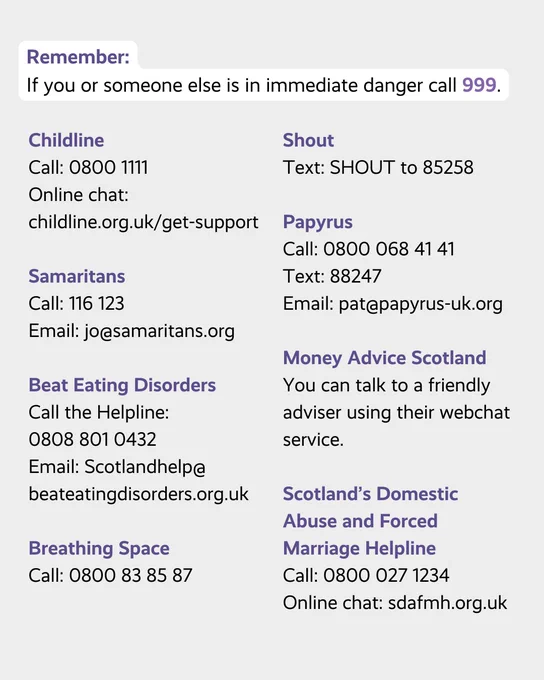 An information graphic listing emergency and support contact details for various services such as Childline, Samaritans, Breathing Space, and Scotland’s Domestic Abuse and Forced Marriage Helpline.