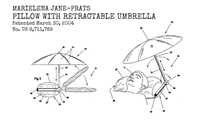 Patent drawing of “Pillow With Retractable Umbrella”, invented by Marielena Jane-Prats.