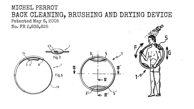 Patent drawing of “Back Cleaning, Brushing and Drying Device”, invented by Michel Perrot.