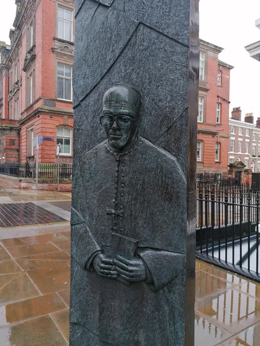 A bas relief statue of Archbishop Derek Warlock in Hope Street, Liverpool. It looks like Han Solo trapped in carbonite.