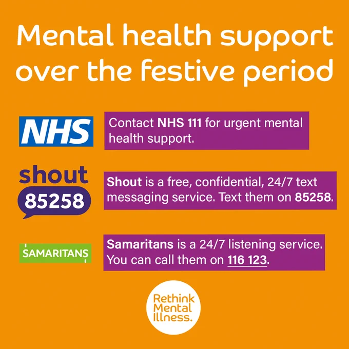 An infographic detailing mental health support over the festive period, featuring contact information for NHS (111), Shout (85258), Samaritans (116 123), and a Rethink Mental Illness logo at the bottom. Bright colors distinguish each service's section.