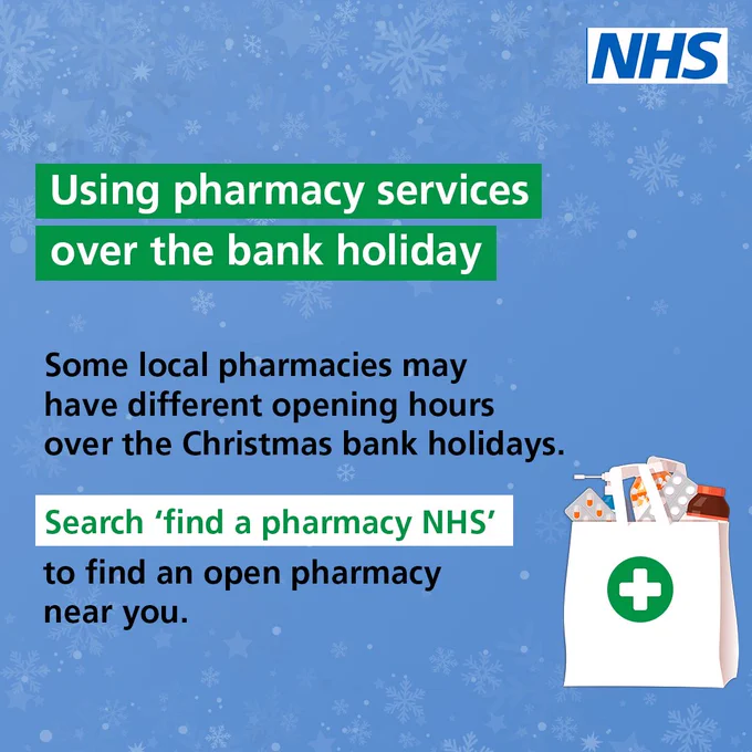 Text reads 'Using pharmacy services over the bank holiday. Some local pharmacies may have different opening hours over the Christmas bank holidays. Search 'find a pharmacy NHS' to find an open pharmacy near you.' On the right is a shopping bag with medication in it. 