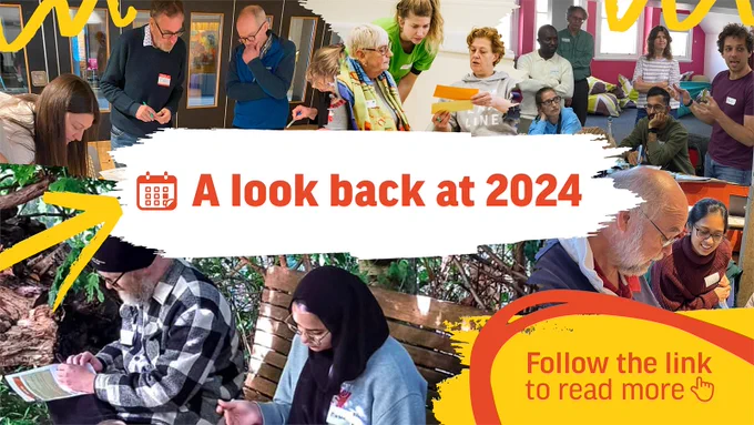A collage of images, featuring people talking and working together.