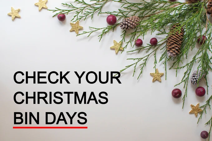 Christmas decorations with the words 'Check your Christmas bin days'.