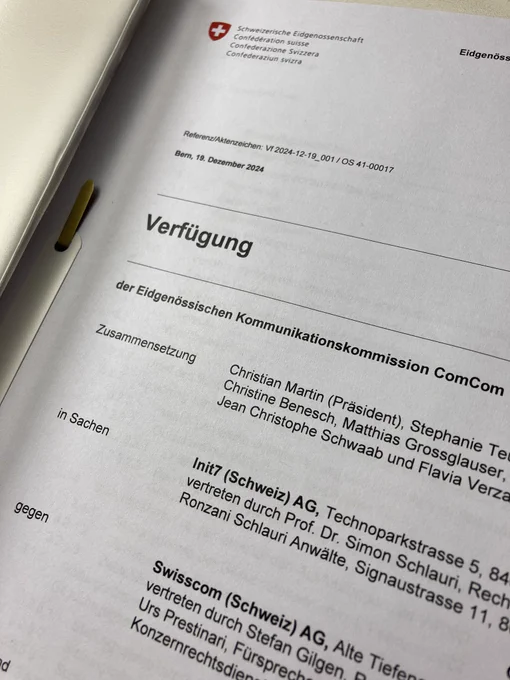 Foto der ersten Seite der ComCom Verfügung