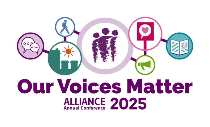 Logo reading Our Voices Matter ALLIANCE Annual Conference 2025 and featuring graphics of speech bubbles, houses, person walking, a placard, a megaphone, an open book, and our logo