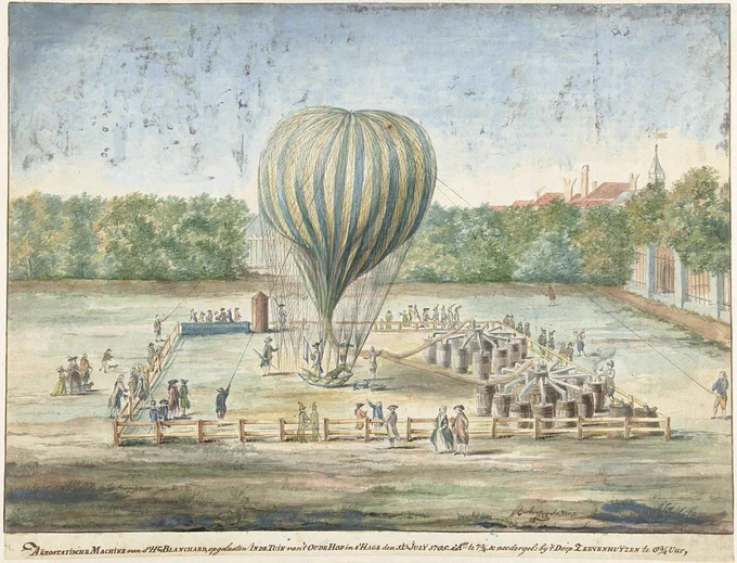 An illustration of the launch of Jean-Pierre Blanchard's gas balloon at The Hague in 1785