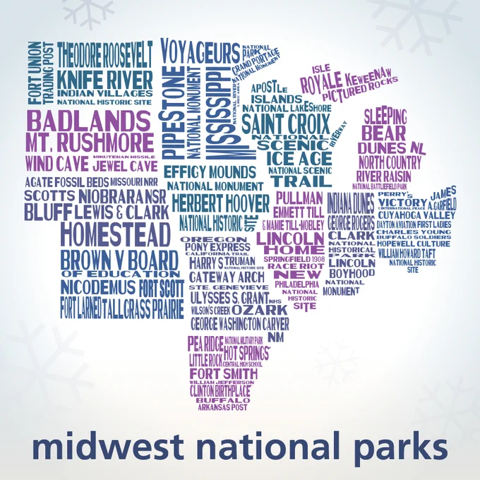 Map of the Midwest US, including the states of North Dakota, South Dakota, Nebraska, Kansas, Minnesota, Iowa, Missouri, Arkansas, Michigan, Wisconsin, Illinois, Indiana, and Ohio. Each state is created from the text of units of the National Park Service that are managed in those states. A full list of parks is available at nps.gov/midwest. The text is in the color shades of teal, blue, and two shades of purple. Snowflakes in various shapes and sizes float through the background.