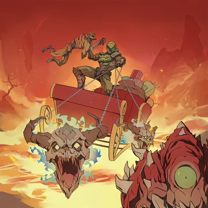 Image of the DOOM Slayer from DOOM (2016) at the helm of a red and gold Santa-style sled with a big sack of colorful wrapped presents in the back. In one arm he’s holding an Imp by the neck, and the other holds metal linked chains that are attached to the horns of two Lost Soul demons in place of where reindeer would be. They are riding over the lava pits of Hell baked in orange/red light and there’s a Cacodemon photobombing the image in the bottom right with a look of comical surprise.