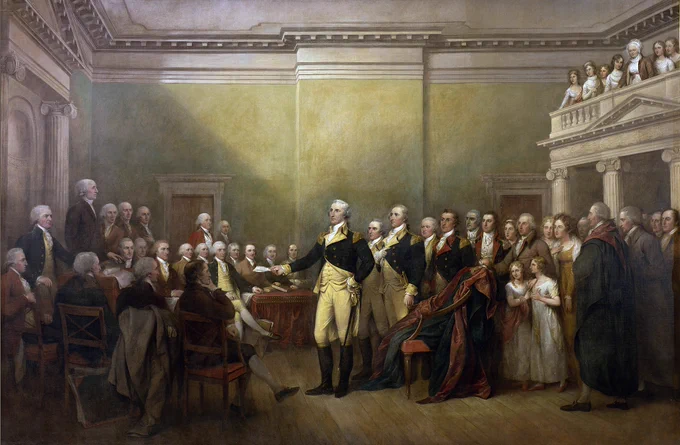The colored portrait is of George Washington resigning as General of the Continental Army.