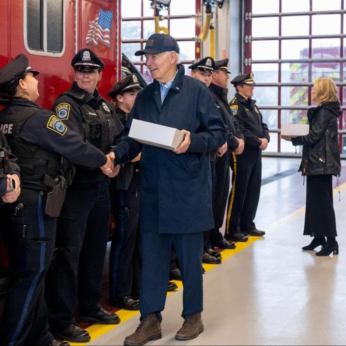 President Joe Biden and First Lady Jill Biden, greet first responders at the Nantucket Fire and Police station.