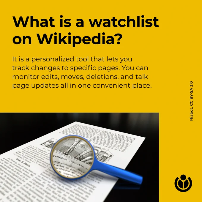 What is a watchlist on Wikipedia? It is a personalized tool that lets you track changes to specific pages. You can monitor edits, moves, deletions, and talk page updates all in one convenient place. Image depicts a magnifying glass with focus on paper, with text in the background from the public domain work “Die Baukunst”, written by Max Hasak.