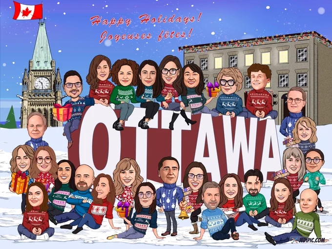 A group illustration of the Compass Rose team around the Ottawa sign in the Byward Market. 