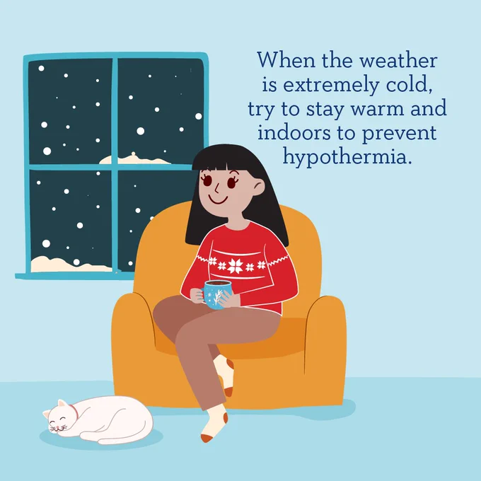 An illustration of a person sitting in an armchair, wearing a festive sweater and holding a mug, with a cat sleeping beside them. The background includes a window showing snow outside. Text on the image advises staying warm in cold weather to prevent hypothermia.