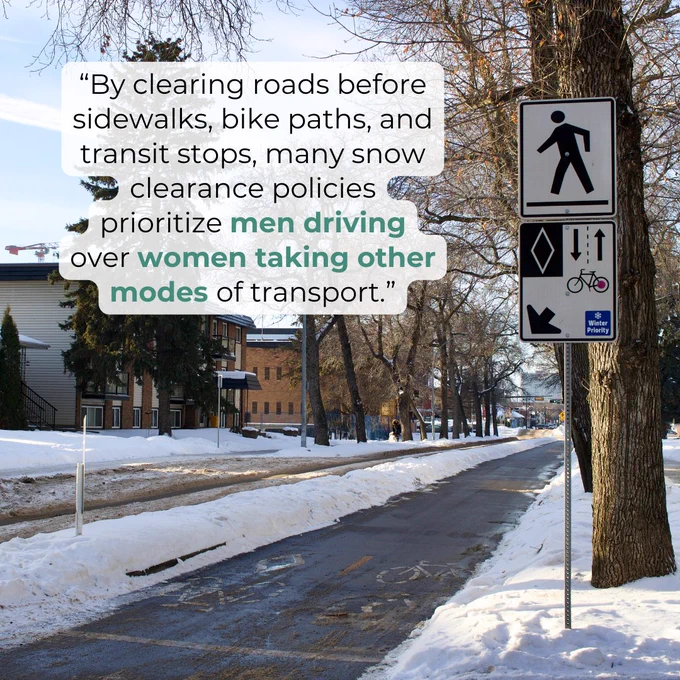 "By clearing roads before clearing sidewalks, bike paths, and transit stops, many snow clearance policies prioritize men driving over women taking other modes of transport."