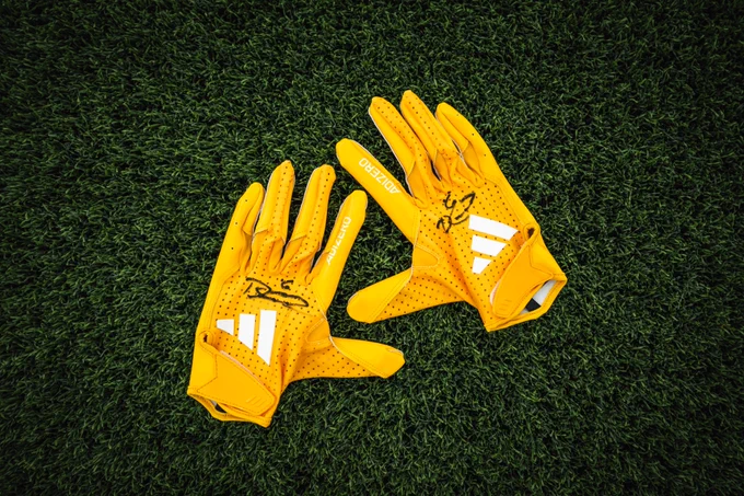 Photo of signed Dante Fowler Jr. gold gloves sitting on turf. 