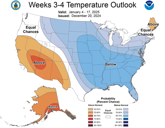 Weeks 3-4 Temperature Outlook (January 4-17)
Above normal temperatures likely across the Southwest, including California, Arizona, Nevada, Utah, New Mexico.

Below normal temperatures for nearly all of the central and eastern U.S.