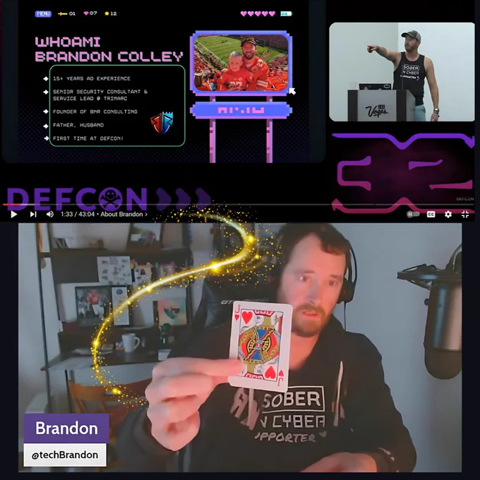 Top section of the image is a screenshot from Brandon Colley's presentation on "Winning the Game of Active Directory" during DEF CON 32. Bottom section of the image is a screenshot of a video where Brandon is doing card tricks. Brandon is holding up the Jack of Hearts card. 