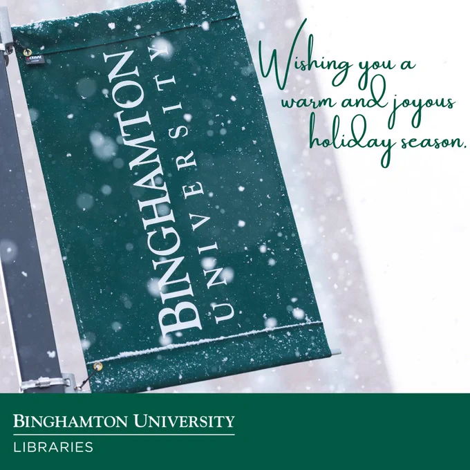 photo of a Binghamton University Banner in snowfall. Text reads: Wishing you a warm and joyous holiday season. 