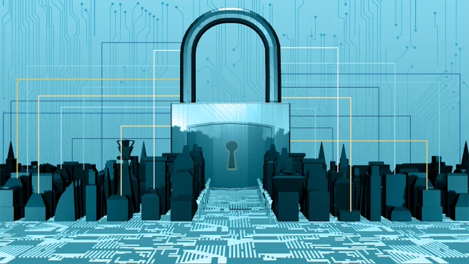 An illustration depicting a city protected in cyberspace.