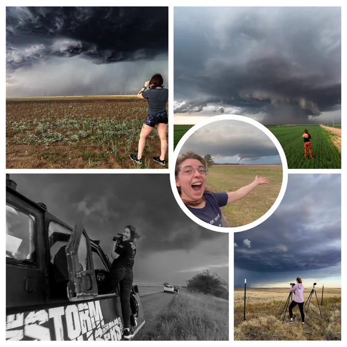 A collage of five images featuring various individuals engaging in storm chasing. Photos include a person photographing a large storm from a field, another pointing excitedly under a stormy sky, and individuals with specialized vehicles and equipment observing severe weather conditions in various rural landscapes.