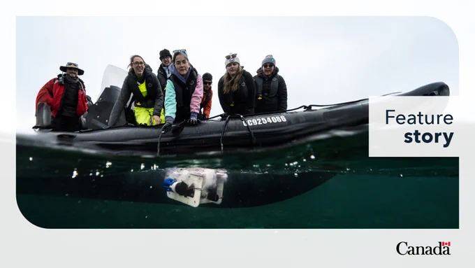 Students on zodiac testing a ROV. Text reads: Feature story.