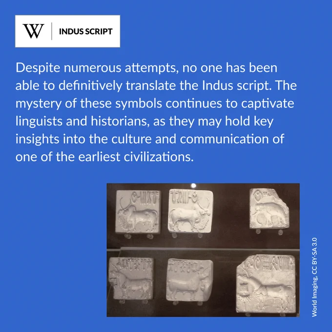 A display case showcasing various intricate stone carvings. Text says: Despite numerous attempts, no one has been able to definitively translate the Indus script. The mystery of these symbols continues to captivate linguists and historians, as they may hold key insights into the culture and communication of one of the earliest civilizations.