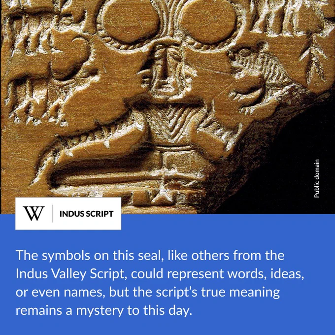 A close-up of an engraved stone featuring inscriptions, showcasing historical significance. Text says: The symbols on this seal, like others from the Indus Valley Script, could represent words, ideas, or even names, but the script’s true meaning remains a mystery to this day.