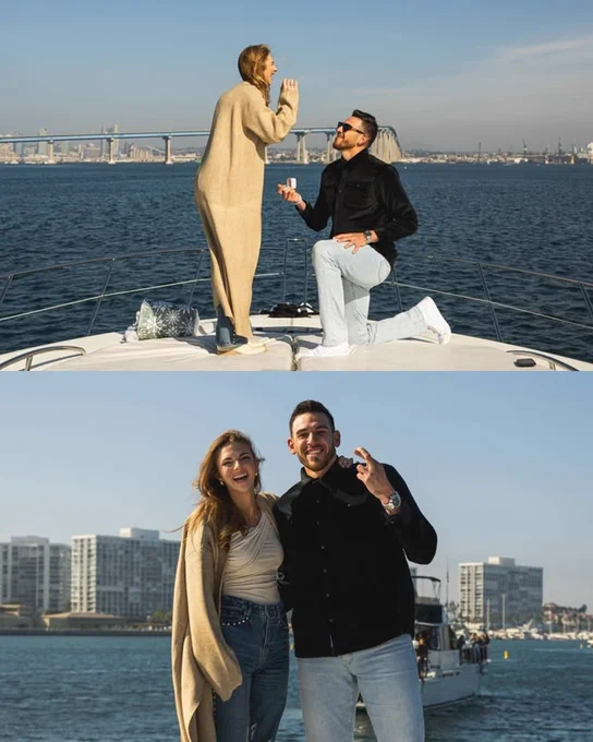  Two photos of Joe Musgrove and Arica Rose Christensen on a boat while Musgrove proposes to Christensen