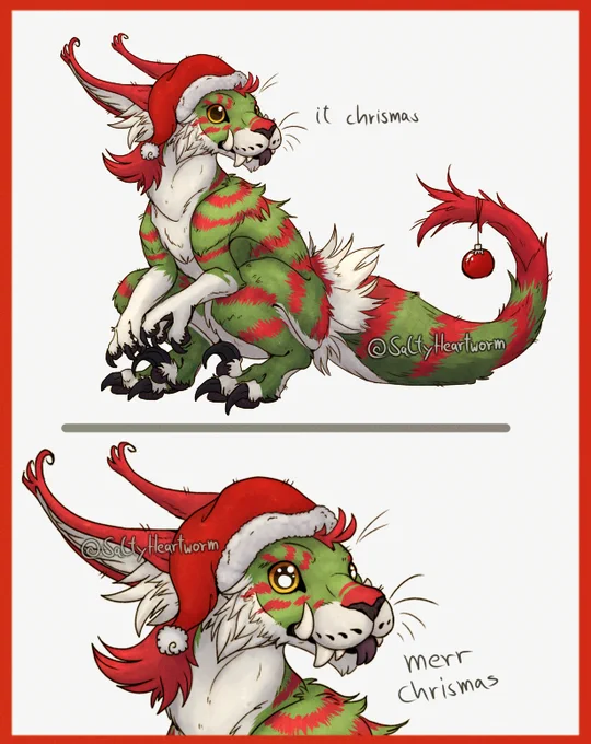A green and red dreamtalon an raptor cat fantasy creature from the game World of Warcraft is drawn like the christmas raptor meme. The me is a two panel comic format. Firstpanel the Dreamtalon is sitting on the ground with a christmas hat looking at the viewer with the caption text: it chrismas. The secon panel is a close up from the head with more eye shine with the caption: merr chrismas.
