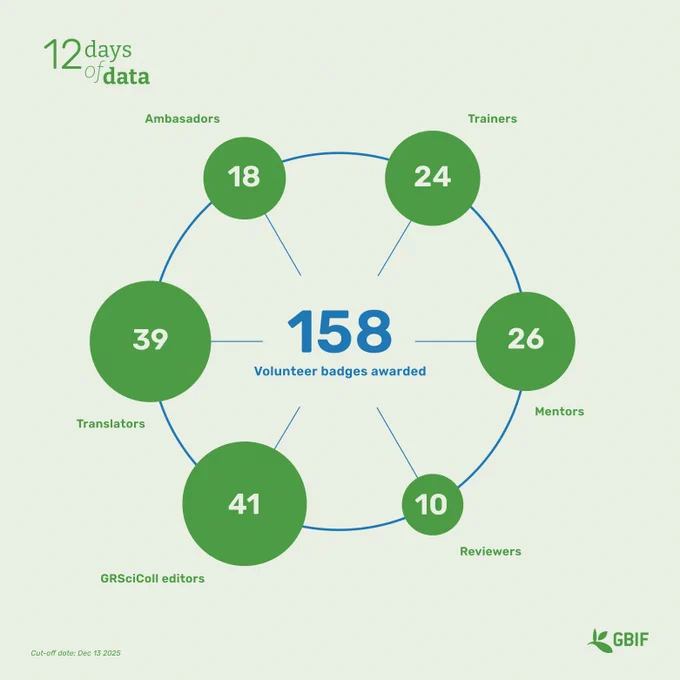 graphic with different sized circles depicting the proportions of different volunteer badges awarded in 2024 by gbif