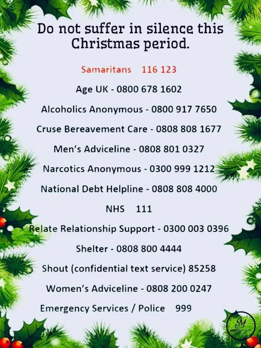 A list of support group and helpline telephone numbers. Text is black on a white background framed with a border of holly and pine branches. The number for Samaritans is in red.