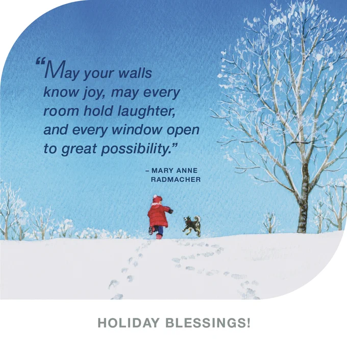 Watercolor image of dog and kid running in the snow with quote from mary anne radmacher above