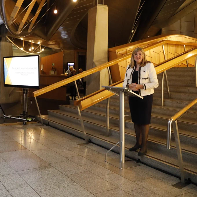 Presiding Officer Alison Johnstone MSP speaking at our 25th anniversary Parliamentary Reception in the garden lobby in The Scottish Parliament.