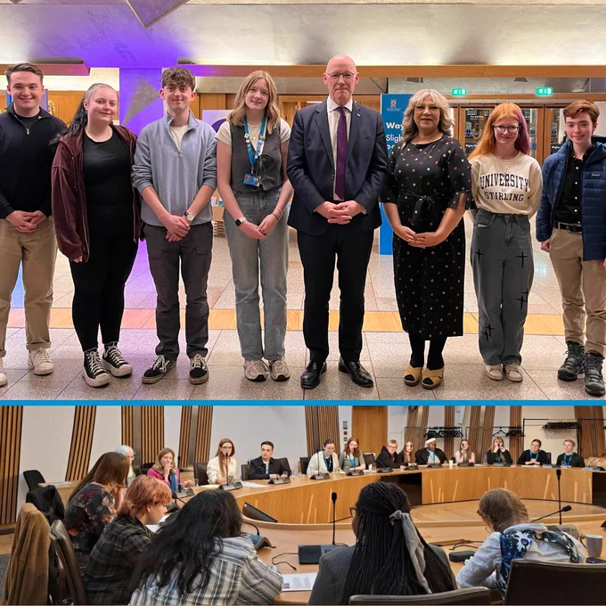 First Minister and Minister for Equalities alongside MSYPs in the lobby of The Scottish Parliament following the 16 Days of Activism debate. MSYPs providing their views in advance of the debate on gender-based violence at SYP’s Sitting in Parliament in November 2024.