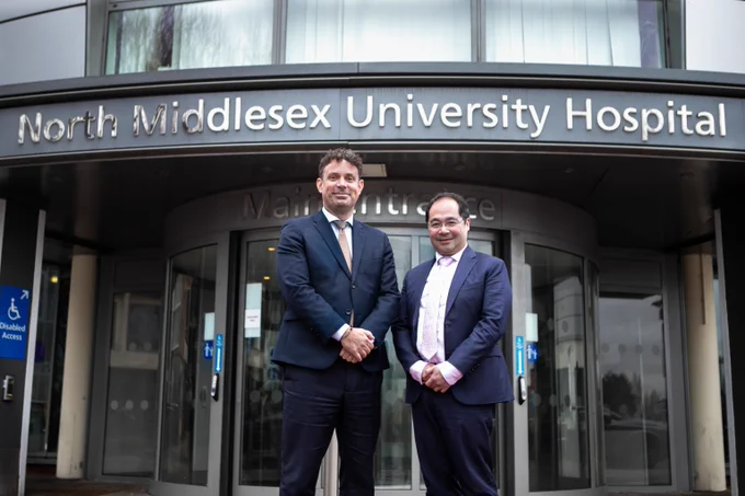 Pete Landstrom and Mark Lam outside North Middlesex University Hospital.