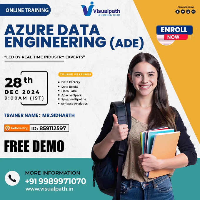 Join Now:  https://meet.goto.com/859112597
Attend Online #Free_Demo On #Azure_Data_Engineering by  Mr.Siddarth.
Demo on: 28th December 2024 @9:00 AM IST.
Contact us:  91 9989971070
WhatsApp: https://www.whatsapp.com/catalog/919989971070
Visit: https://www.visualpath.in/online-azure-data-engineer-course.html


