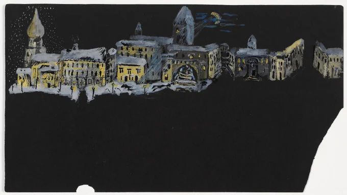 Die Weihnachtskarte 2024 des Deutschen Literaturarchivs: Rainer Maria Rilke, Ansicht einer Stadt bei Nacht. Gouache über Bleistift, vermutlich zwischen 1890 und 1892. Foto: DLA Marbach.