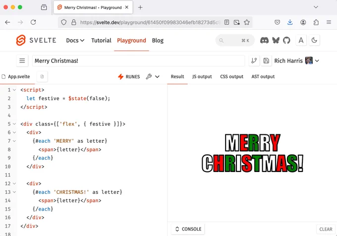 screenshot of svelte.dev/playground showing the new `class` attribute handling