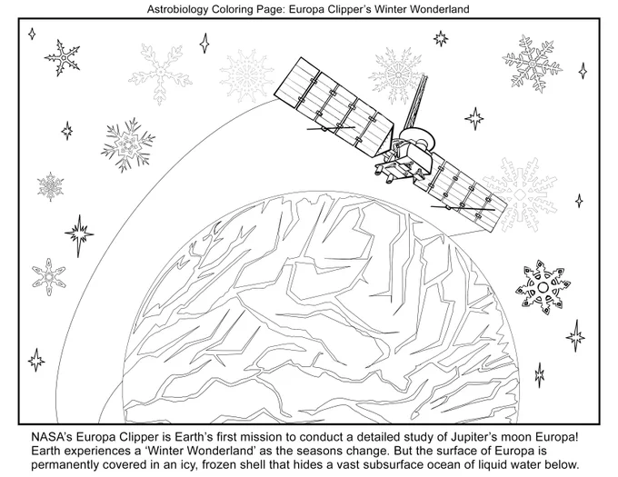 A black-and-white coloring page titled "Astrobiology Coloring Page: Europa Clipper's Winter Wonderland." The illustration features NASA's Europa Clipper spacecraft in orbit above Jupiter's moon Europa, shown as a large sphere with a cracked, icy surface. The background is decorated with various snowflakes and star shapes, emphasizing a "winter wonderland" theme. Below the image, text explains that the Europa Clipper is Earth's first mission to study Europa, which has a frozen surface covering a subsurface ocean of liquid water.