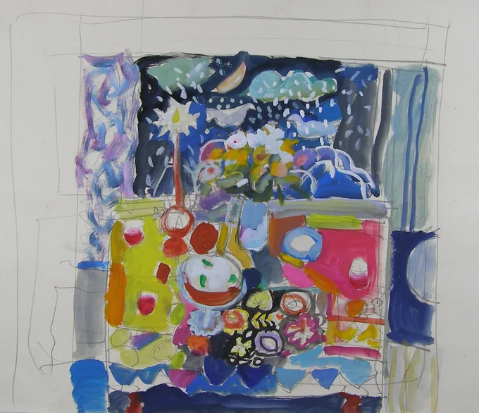 A colourful watercolour scene taken from a sketchbook. It features a stylised still life with a cake, candles, flowers, and a window view with snow, a crescent moon, clouds, and doves. Around the scene is a loose pencil sketch frame.