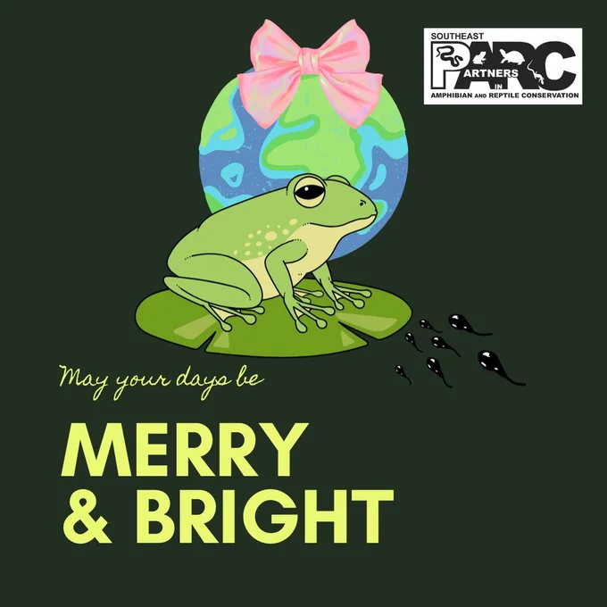 Text says "May your days be merry and bright." Image shows a frog and tadpoles. Behind them is the Earth with a bow ontop.