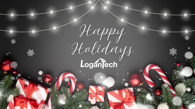 Happy Holidays from LoganTech in white text over black background with white holiday string lights, red and white candy canes and gift boxes