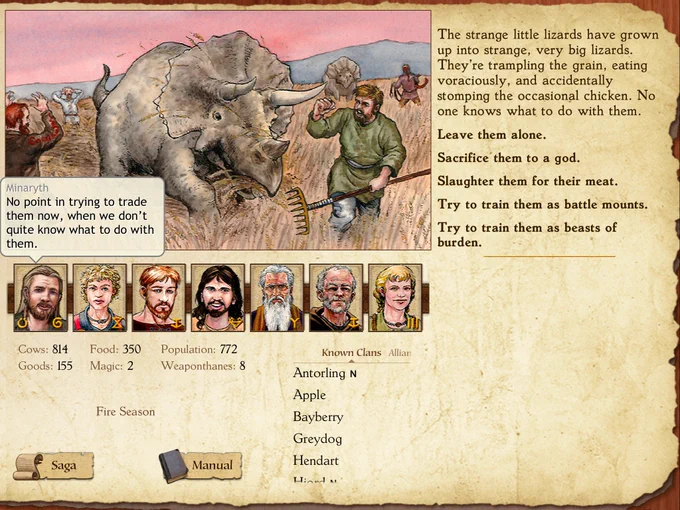 King of Dragon Pass screen shot: Farmers curse as triceratops munch their grain