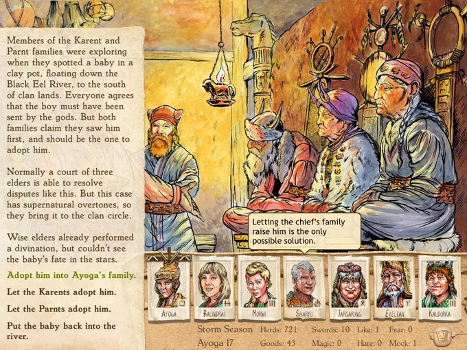 Six Ages: Ride Like the Wind screen shot. Three elders sit in chairs whose backs display their family symbols.